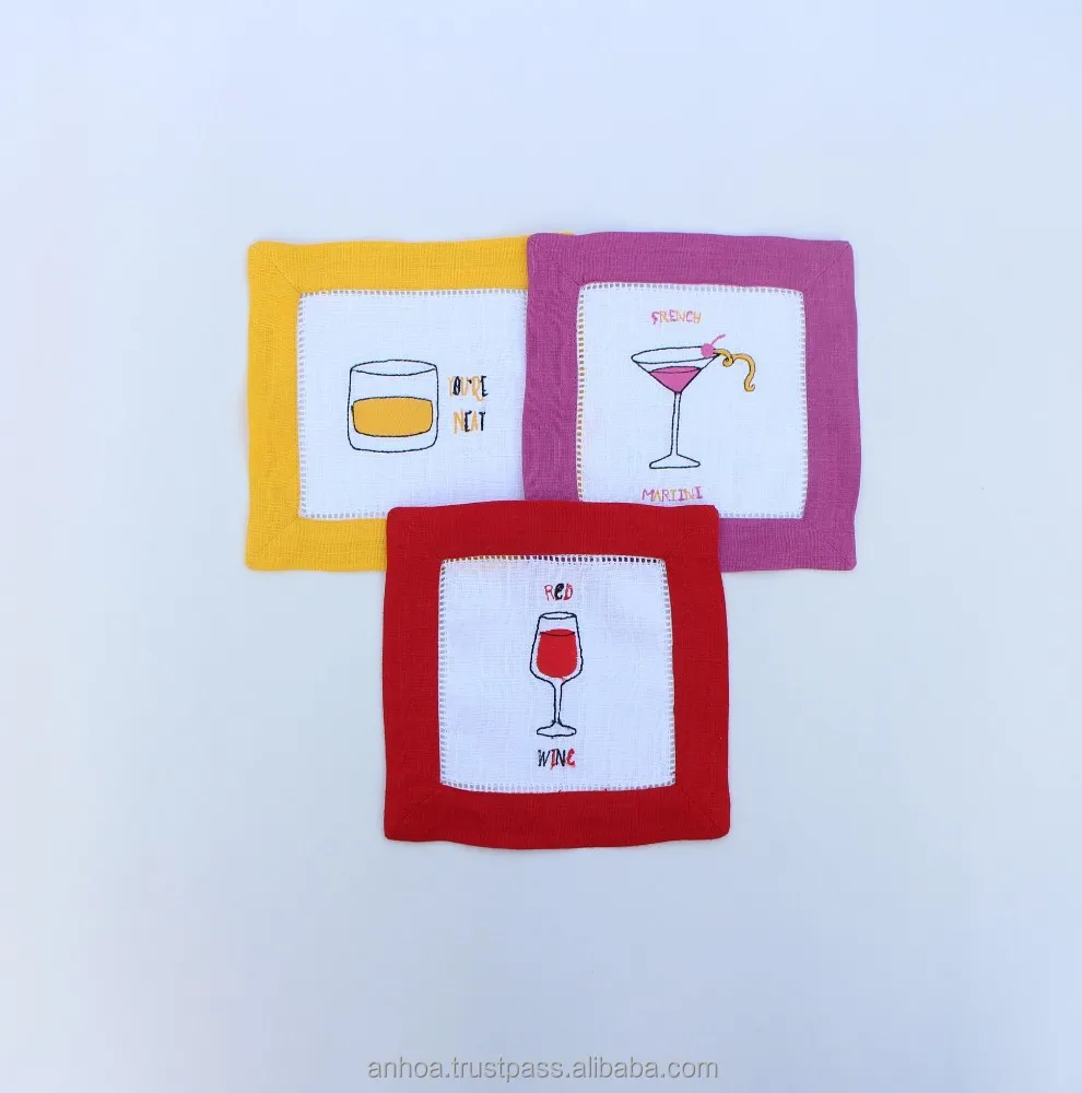 Linen table napkin, luxury embroidery cocktail napkin