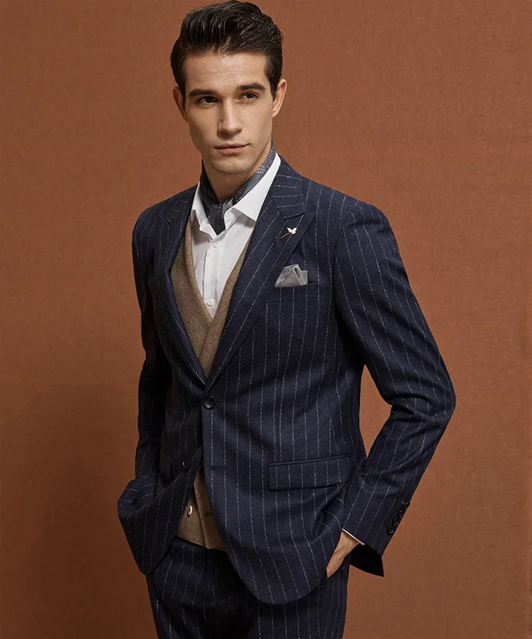 2019 Amazon top sale high quality three piece navy color stripe suit