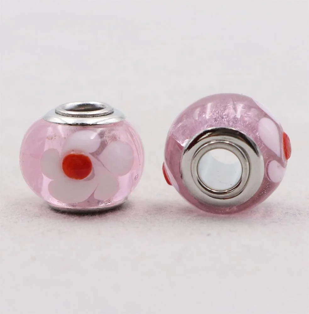 Wholesale Cheap Handmade Murano Lampwork Glass Pink big hole spacer beads  with Silver Plated Metal Core