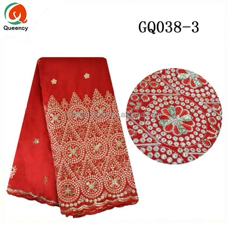 GQ038 Queency Embroidered Red Nigerian Silk George Material Wrapper 5 Yards Indian George Fabric