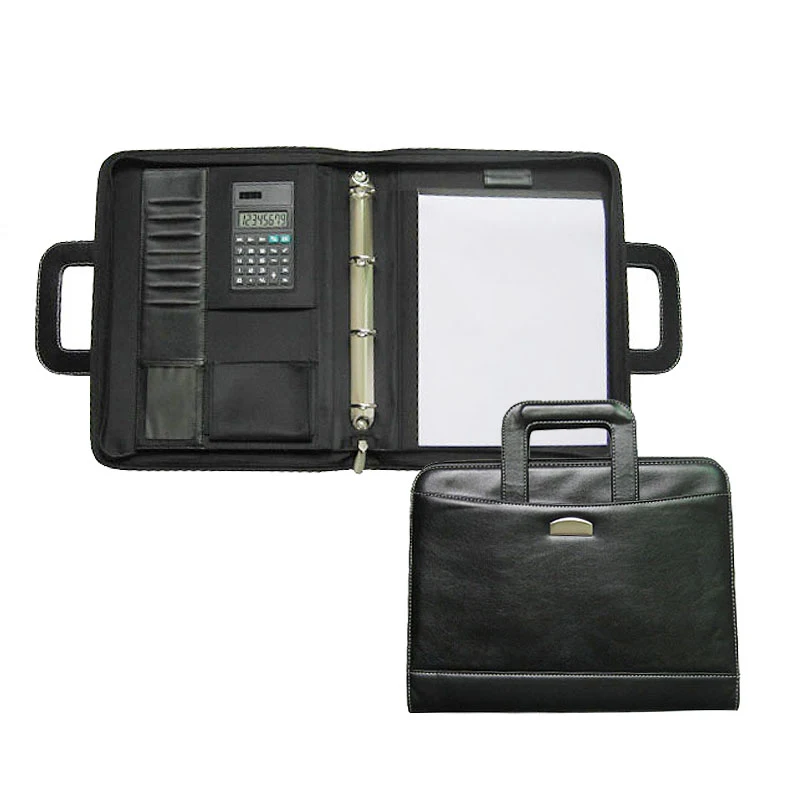 
Zipper Ring Binder PVC Leather Folder Document Bag Calculator 