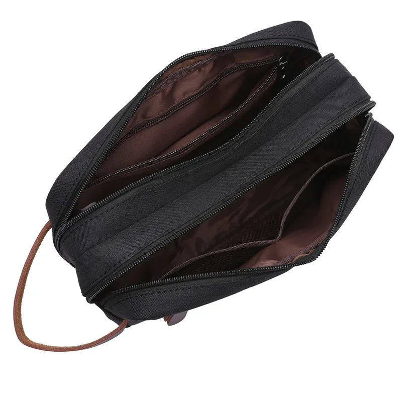 Travel traditional doppsac double zipper canvas mens toiletry bag shaving dopp case dopp kit bag with leather handle