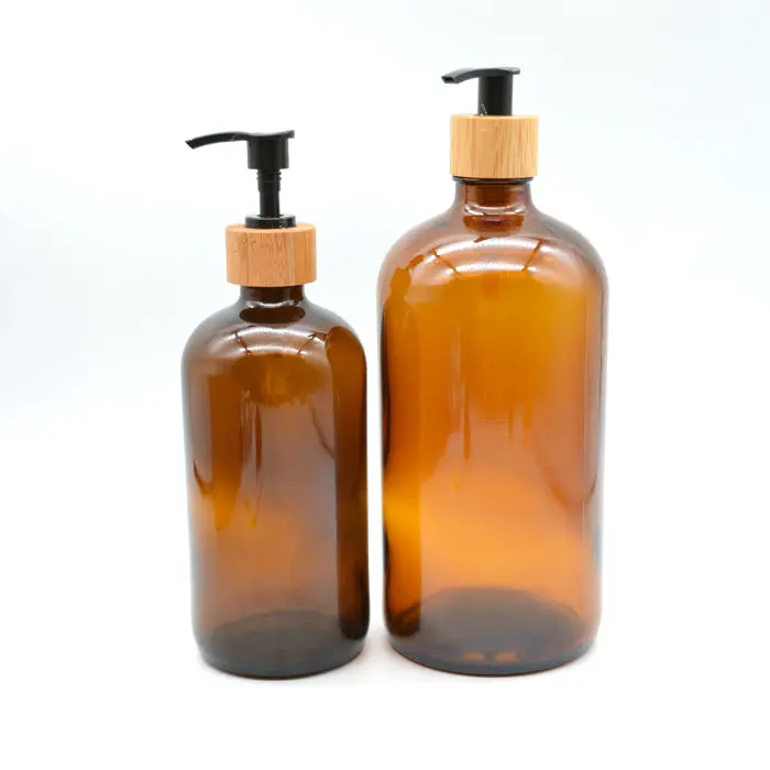 amber boston round soap liquid glass bottle 500 ml 1000 ml bamboo pump bottle