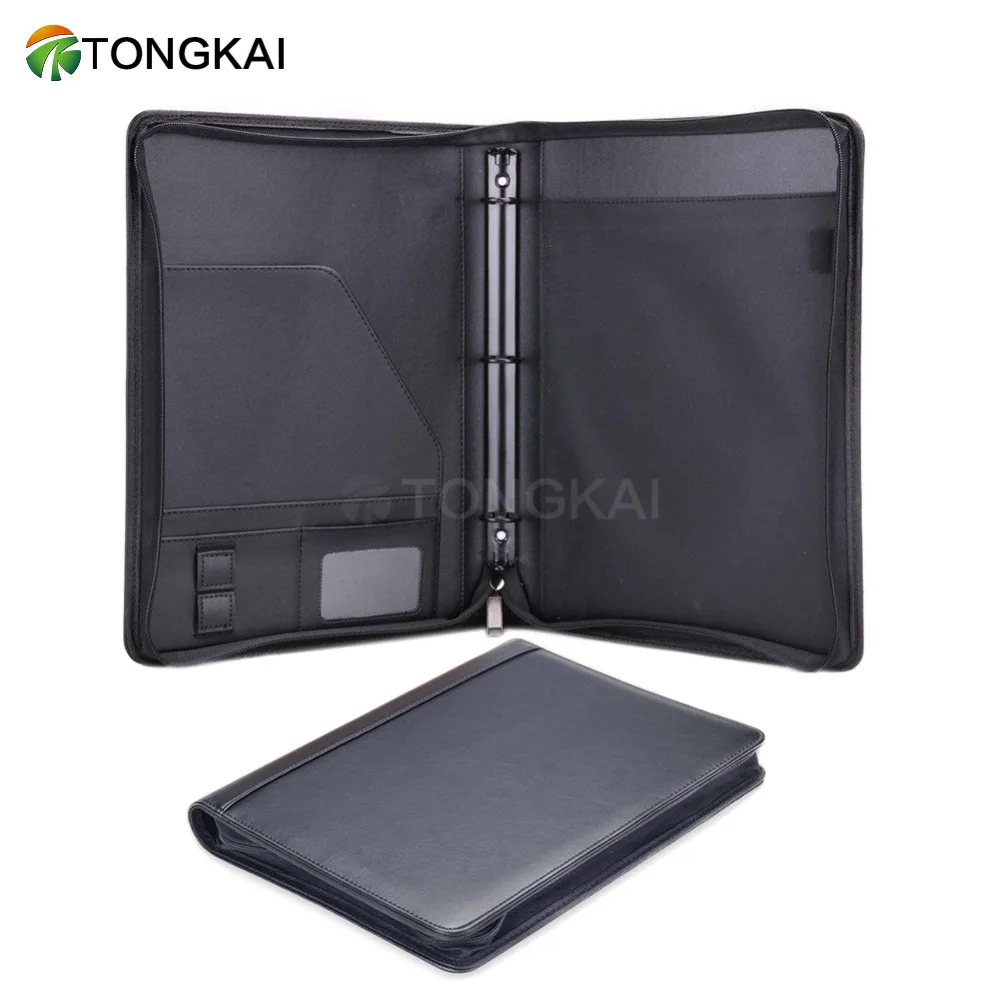 Custom Executive Padfolio - A4 Zippered Black PU Leather Conference Document Holder Organizer Portfolio With  Notepad