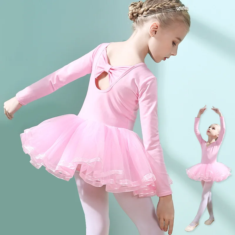 Kids Girls Long Sleeve Ballet Dress for Gymnastics Professional Ballet Tutu Children Costume Ruffle Dress Teen Girls Dance Dress