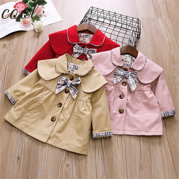 
Fashion red khaki pink plaid bow tie baby winter coat girls trench coat 