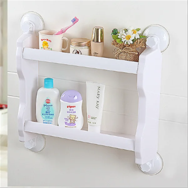 custom new kitchen plastic storage shelf 2 tier rack wall sucker/bathroom shower wall-mounted shelf rack 2 layers sotrage holder