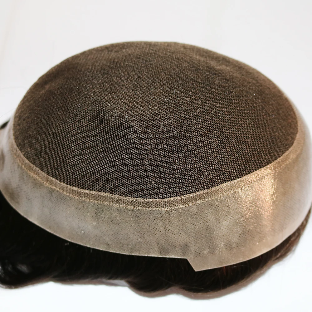 Mens Toupee French Lace with Poly Skin All Around Medium Density Men Toupees Hair Replacements