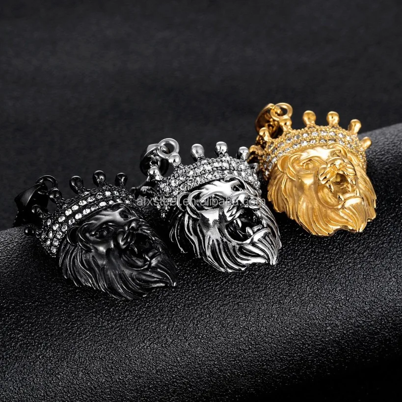 Rock style fashion stainless steel jewelry, Amazon personalized diamond crown lion head pendant necklace