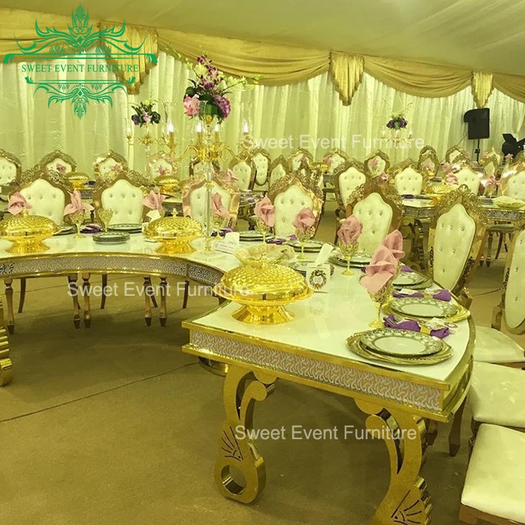 Latest royal design half moon shape wedding table with golden chairs