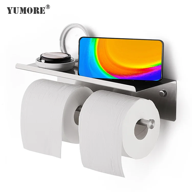 Factory price 304 stainless steel wall mounted free standing roll tissue mobile phone storage shelf double toilet paper holder
