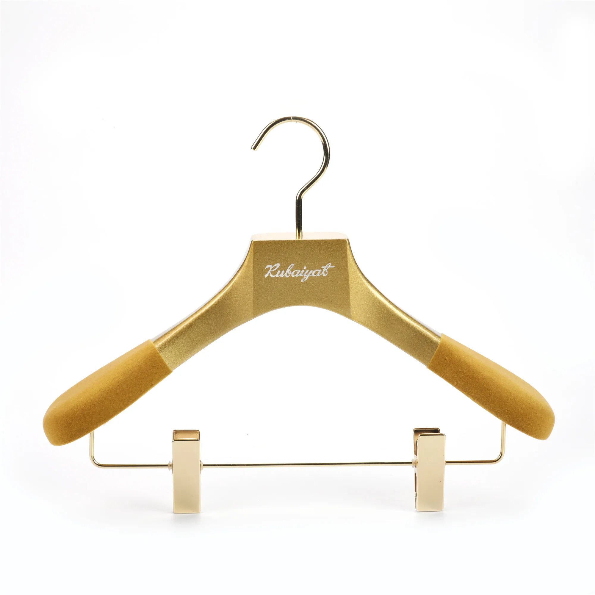 High Quality Shiny Gold Customized Garment Wooden Clothes Coat Flocked Hanger