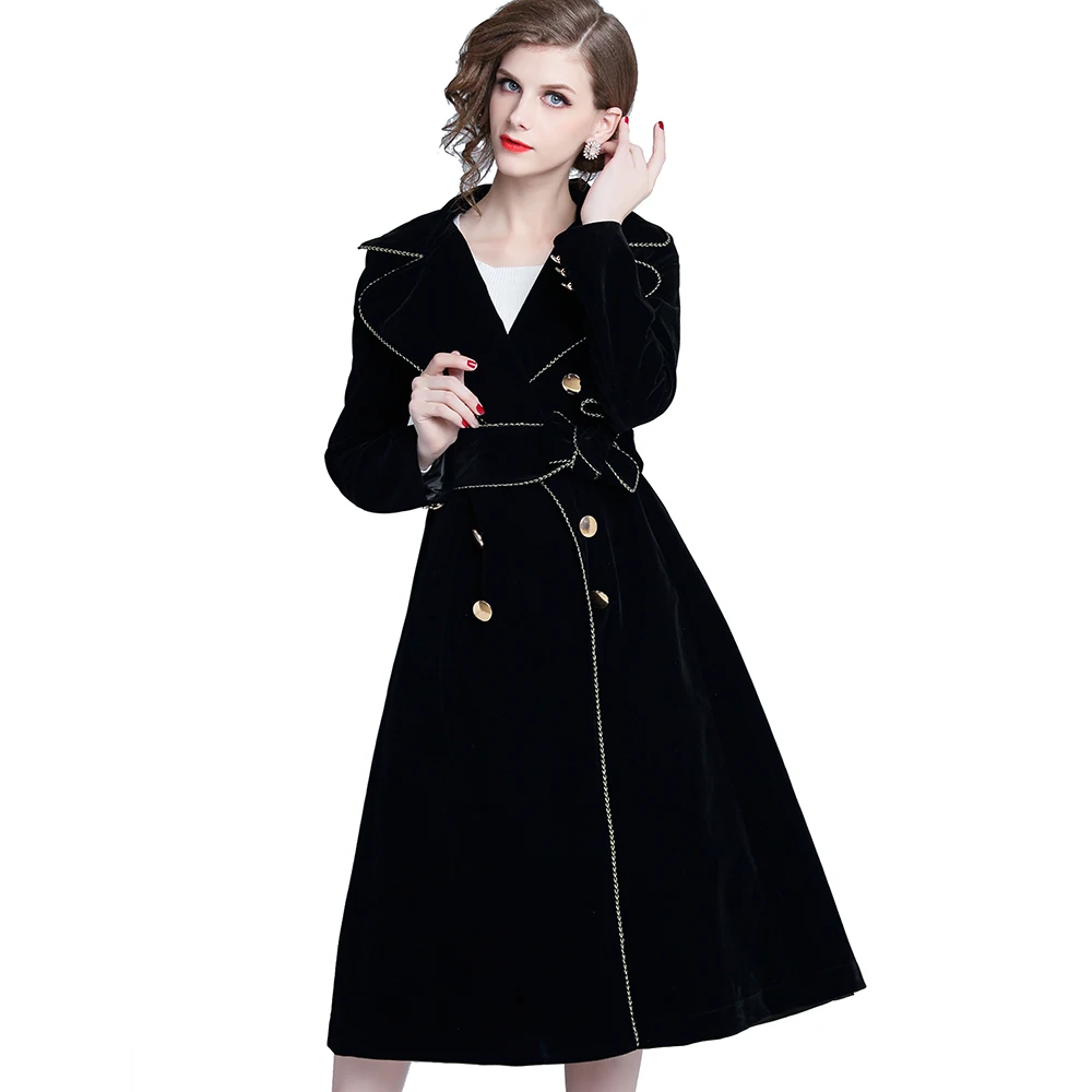 
Hepburn Style European and American Women Fashion Lines Patchwork Double Breasted A Line Velvet Black Coat 