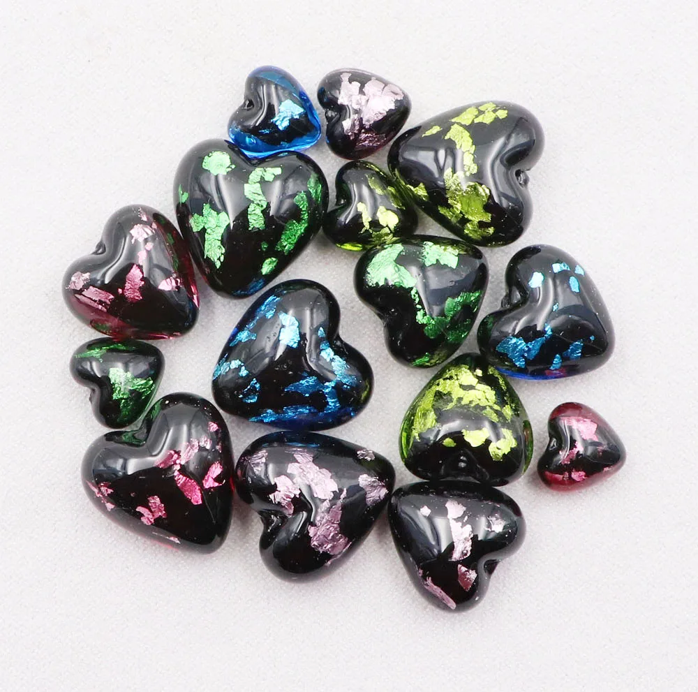 Wholesale Italian Venetian Murano Glass Crushed Foil Half Hole Heart Bulk Lampwork Jewelry Beads for Craft Supplies & Tools