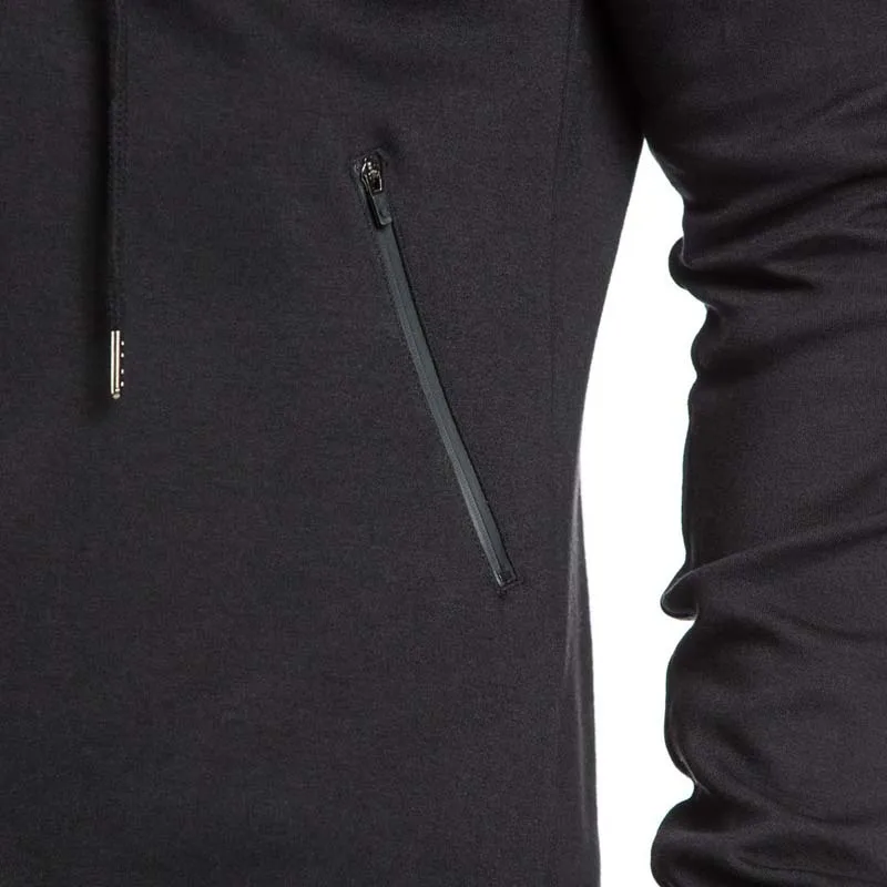 Knee length mens zip up drop tail hoodie with zipper pocket