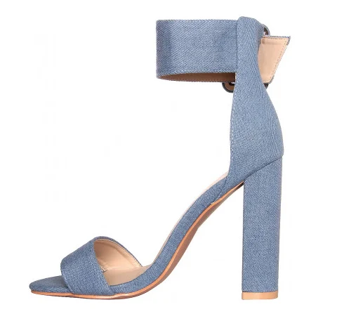Women 2017 green Denim Strap Block High heel sandals new design sandals