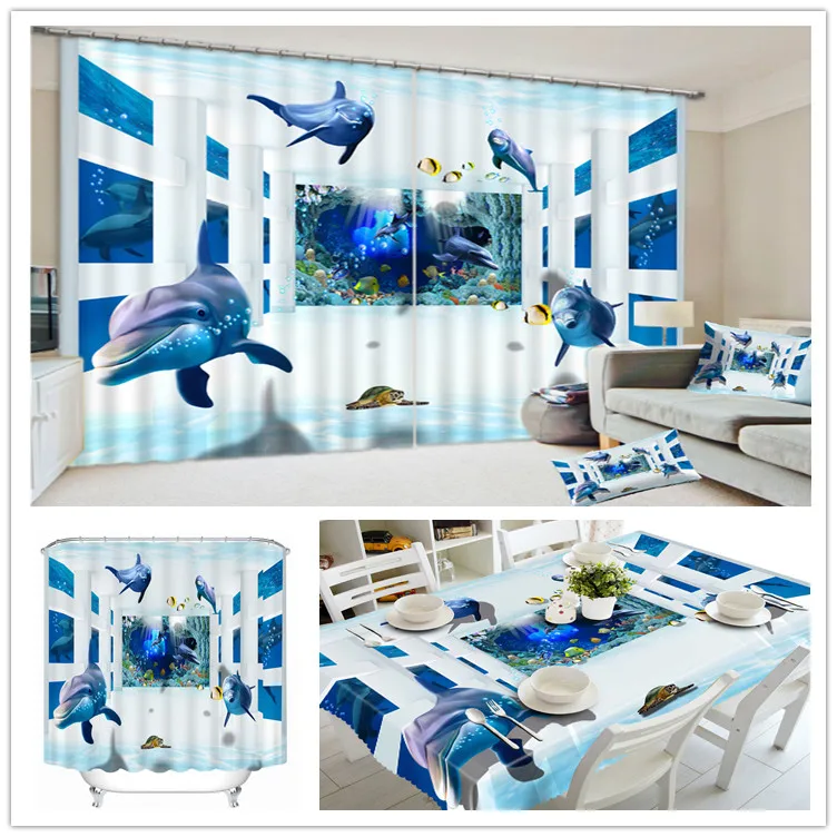 
Luxury New Design Blackout 3D Polyester Dolphin World 4 PC Set Tablecloth , Shower Curtain , Window Curtain 
