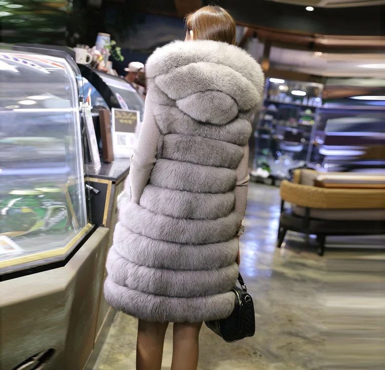 Fashion Ladies Long Sleeveless Fox Fur Vest Waistcoats Women Faux Fur Hooded Vests Wholesale