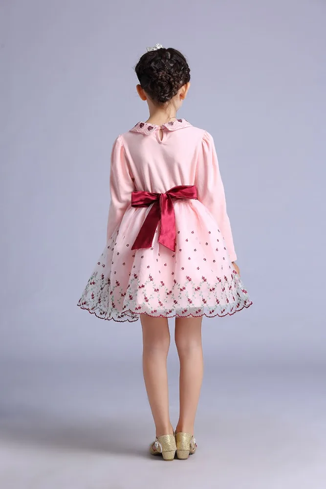 Retail Pink princess flower Embroidery Girls Pageant Dresses Long Sleeve Weddings Cheap Little Girl Party Dress