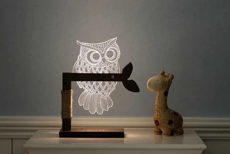 3D Owl Wood Bedside Night Lamp LED Owl Night Light
