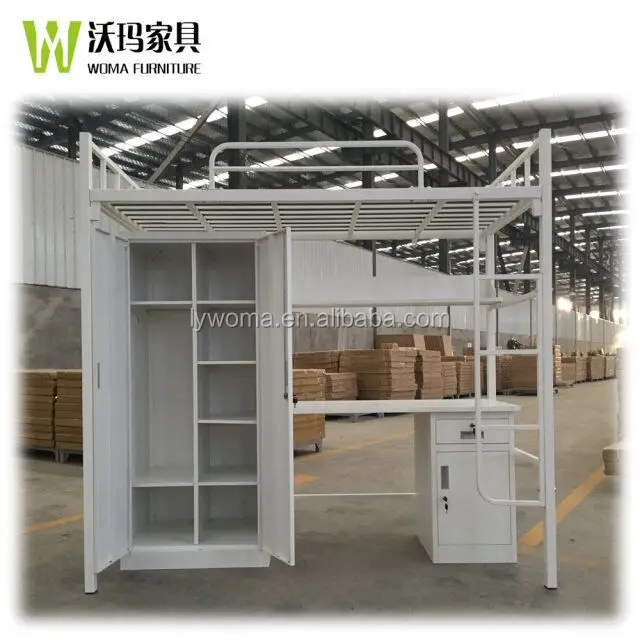 sale china cheap metal double bunk bed with desk and wardrobe