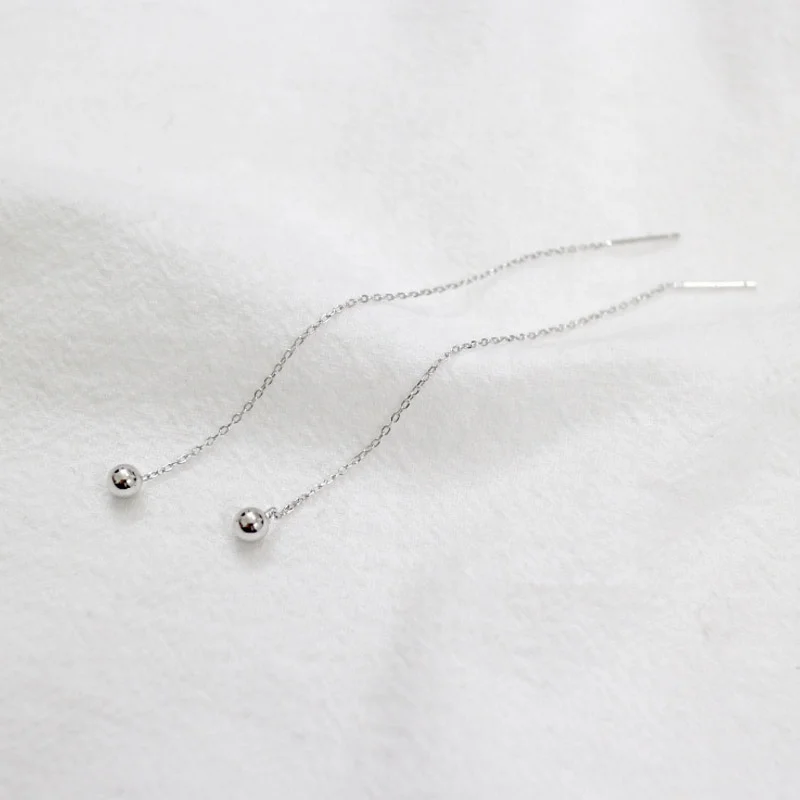 925 Silver Chain with 4MM Ball Long Earrings for Women Silver Jewelry Simple Ear Wire Prevent allergy