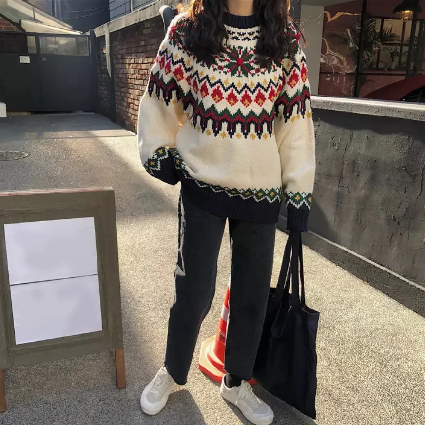 women fashion christmas fashion style loose sweater with multicolor jacquard knit