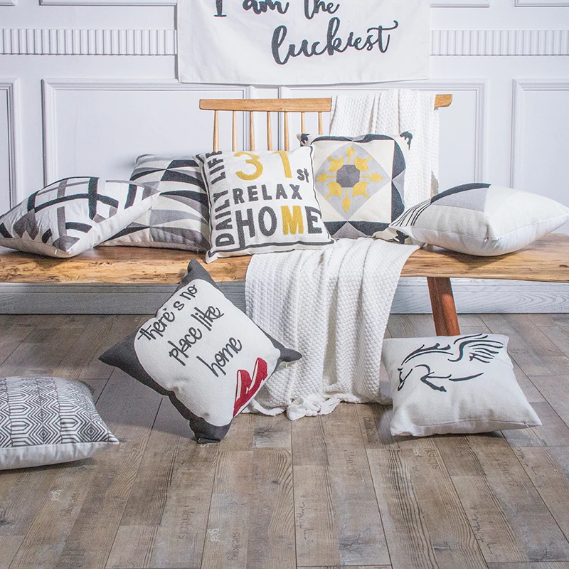 Monad 100% Cotton Black And White Geometrical Embroidery Throw Pillow Covers Square Cushion Case with Hidden Zipper