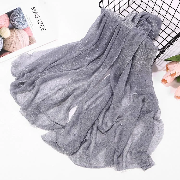 Latest Design High Quality Women Solid Scarf Fashion Glitter Shimmer Shawl with Pearls