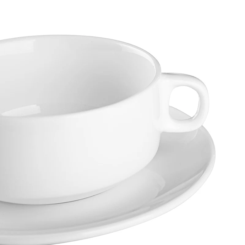 White Porcelain  270ml Stackable Soup Bowl With Handle&Saucer, Ceramic Bowl Wholesale, Porcelain Bowl White@