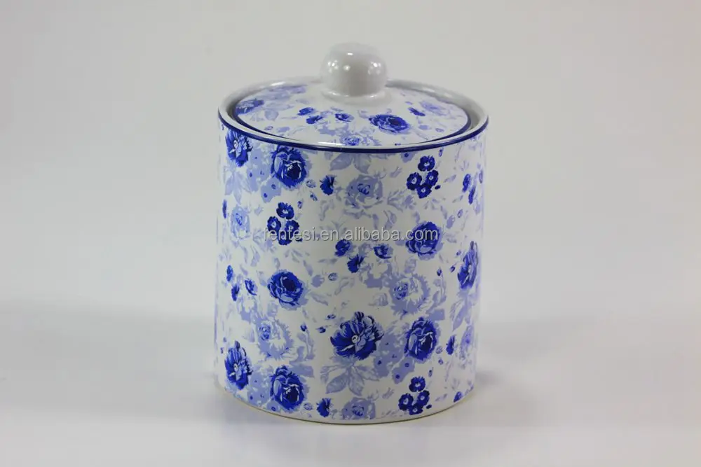 ceramic storage jar with blue & white decal