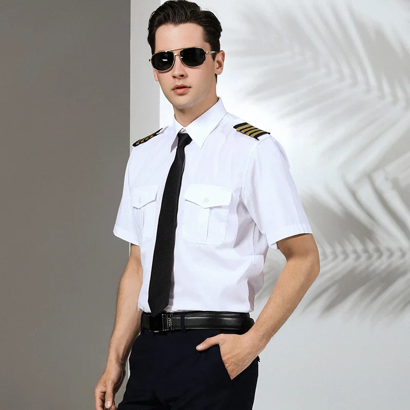 Man airline pilot captain uniform  white shirt long sleeve short sleeve white pilot shirts