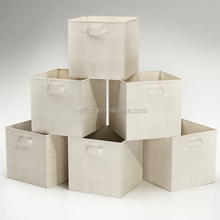 Foldable Fabric Storage Boxes Organizer Bins - 6 Beige Cubes Baskets