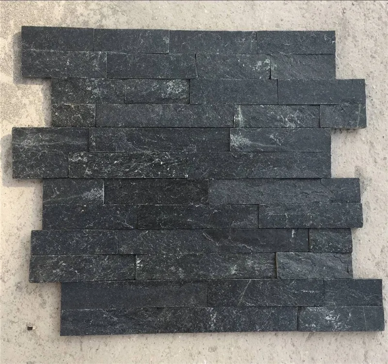 Natural Black Quartz Culture Stone Flat Ledgestone Panel Classic Fireplace Cladding Exterior Wall Decoration Of Commercial Buil