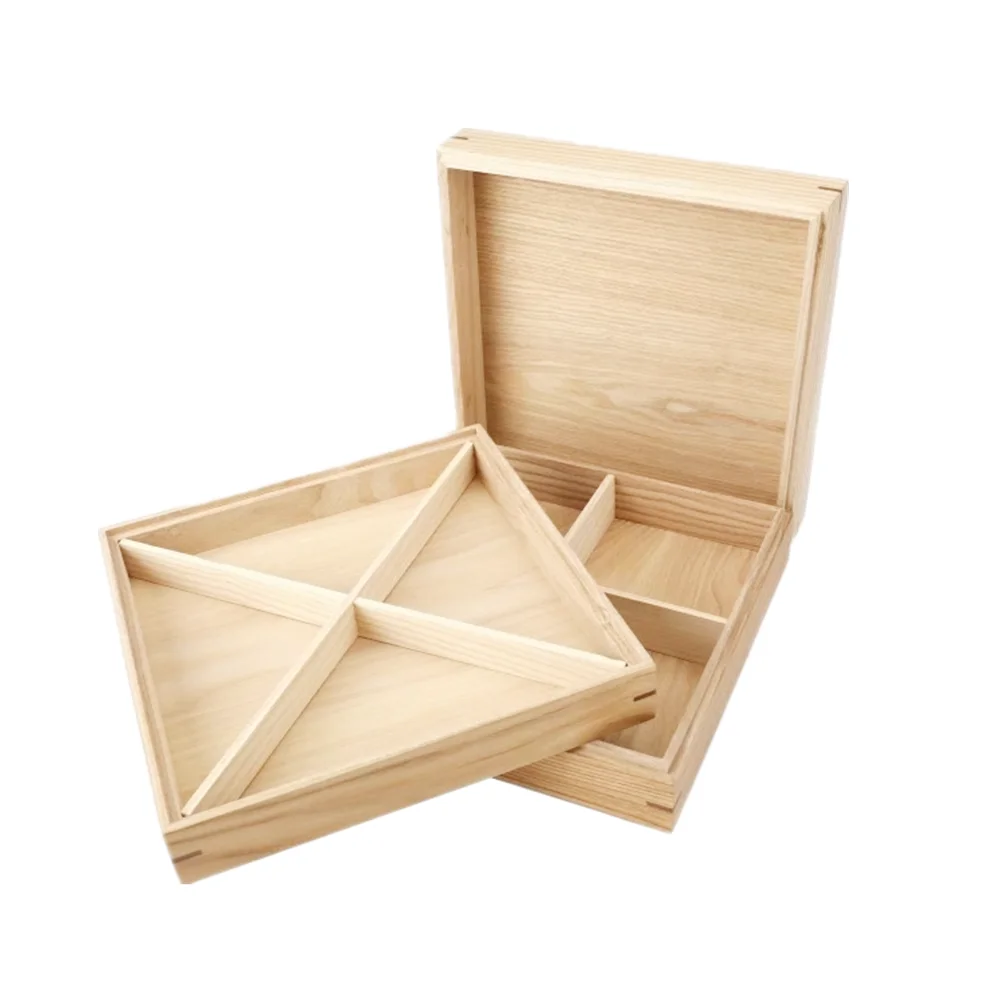 Custom Square Solid Wood Candy Box With Lid 4 Compartments Wooden Nuts Box Christmas Gift
