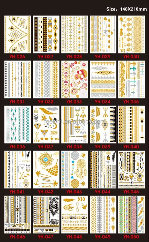 high quality non-toxic waterproof body metallic gold temporary tattoo 120 designs part 5 water transfer metallic tattoo sticker