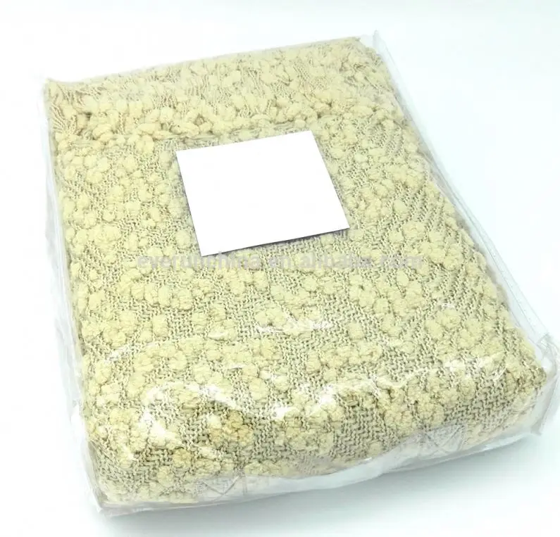 acrylic fashion pompon machine woven plaid throw blanket,with fringe,stock in white and camel color