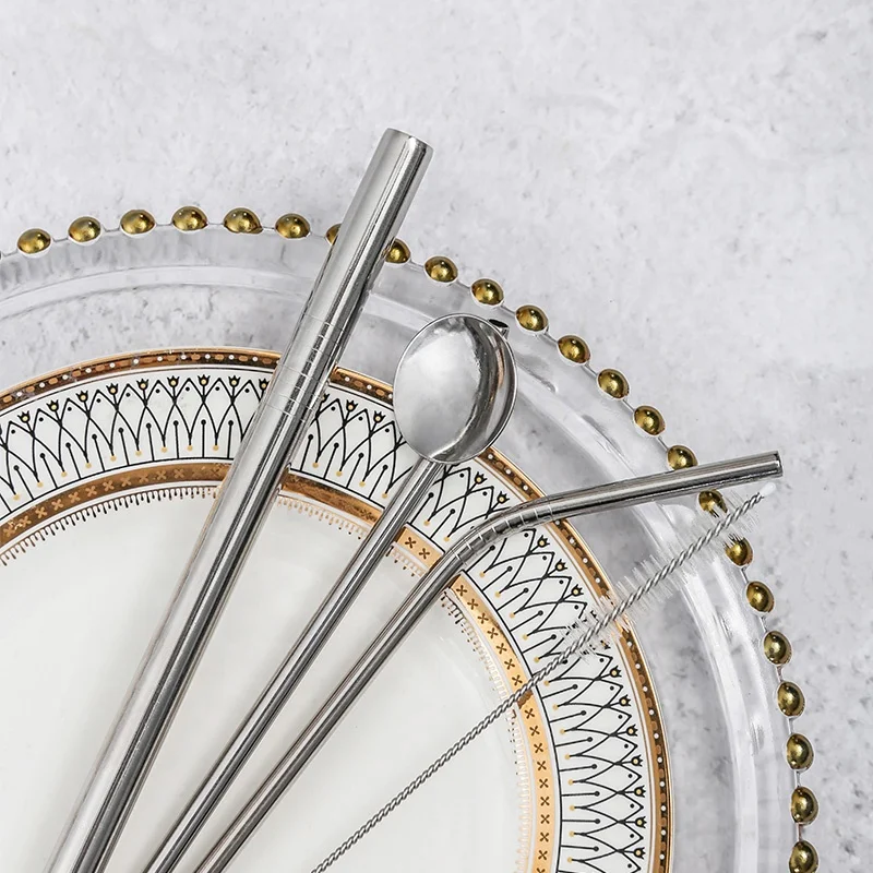 Environment-Friendly reusable metal stainless steel straw spoon set of 4 with cleaning brush for boba tea coffee milk