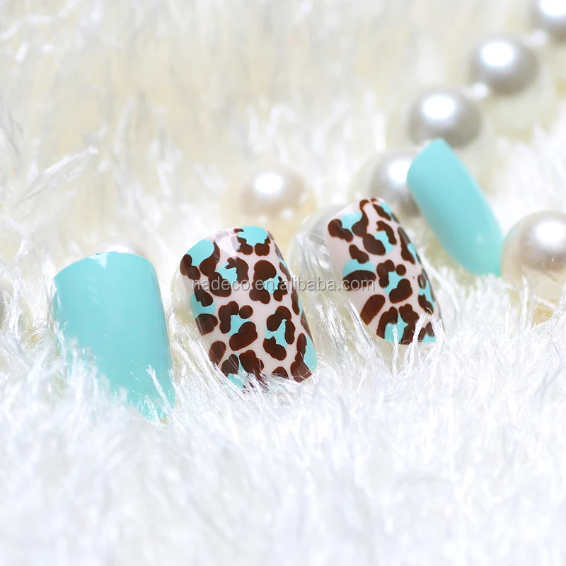 NADECO Full Cover Blue Sweet Color Sticky Nails Acrylic with Leopard Print Picture