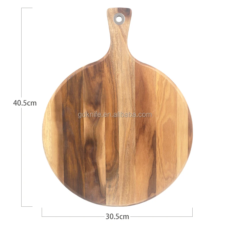 Round shape high quality natural acacia wood chopping board with handle