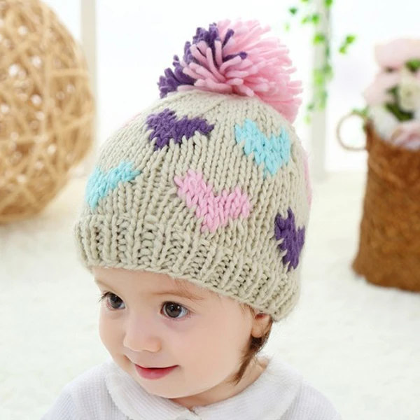 Alibaba low price wholesale hand knitting Crochet Beanie Baby Hat with pom pom