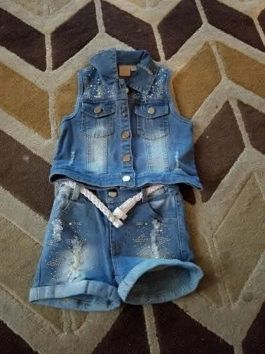 Royal wolf denim garment factory denim bead vest and ripped rhinestone jeans shorts girls summer set kids outfits