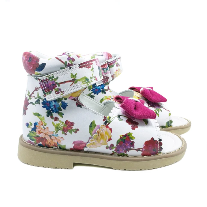 Baby Girls OEM Turkey Printing Flower Fashion Kids Toddlers Orthopedic Summer Cute Stylish Luxury Leather Sandals with Bow Knot