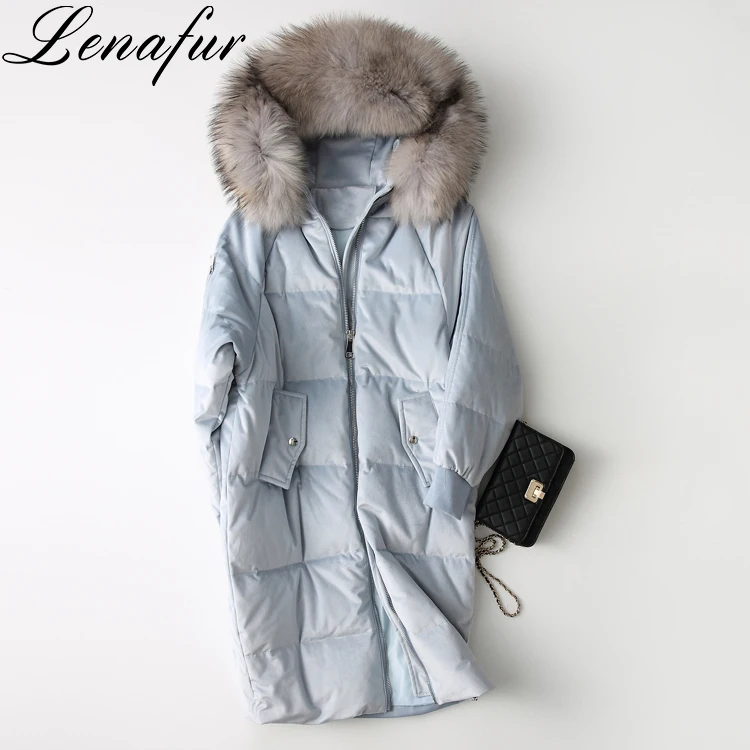 Women Warm Pink Light Blue Oversize Long 90% White Duck Down Feather Padded Fox Fur Collar Down Jackets Coat Overcoat