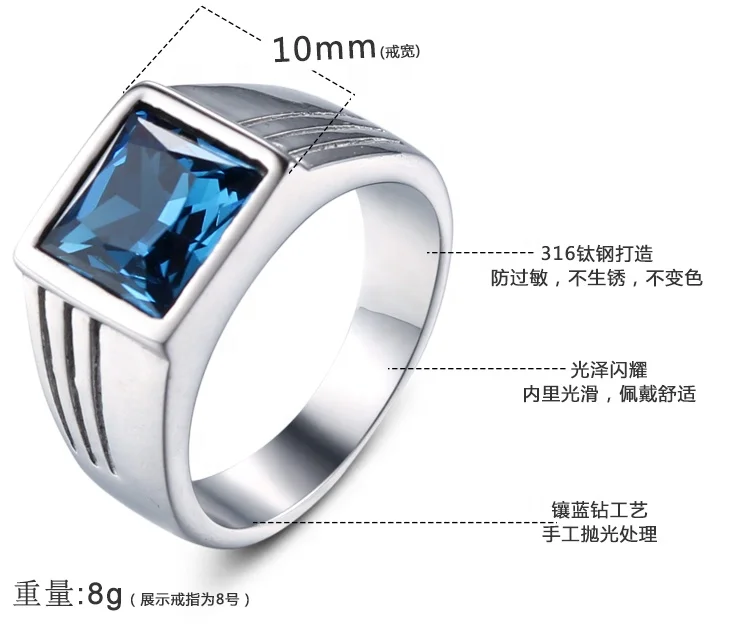 Dongguan Фабрика высокой полировки саудовские мужские байкерские серебряные кольца из нержавеющей стали с большим синим кубическим цирконием