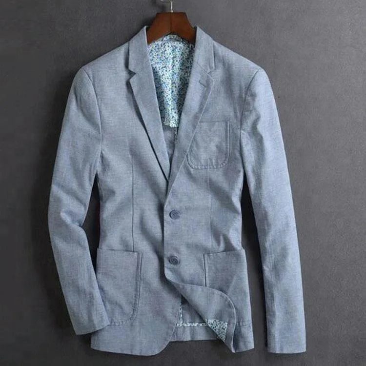 Navy blue casual suits 100% wool high quality men blazer with patch chest pocket