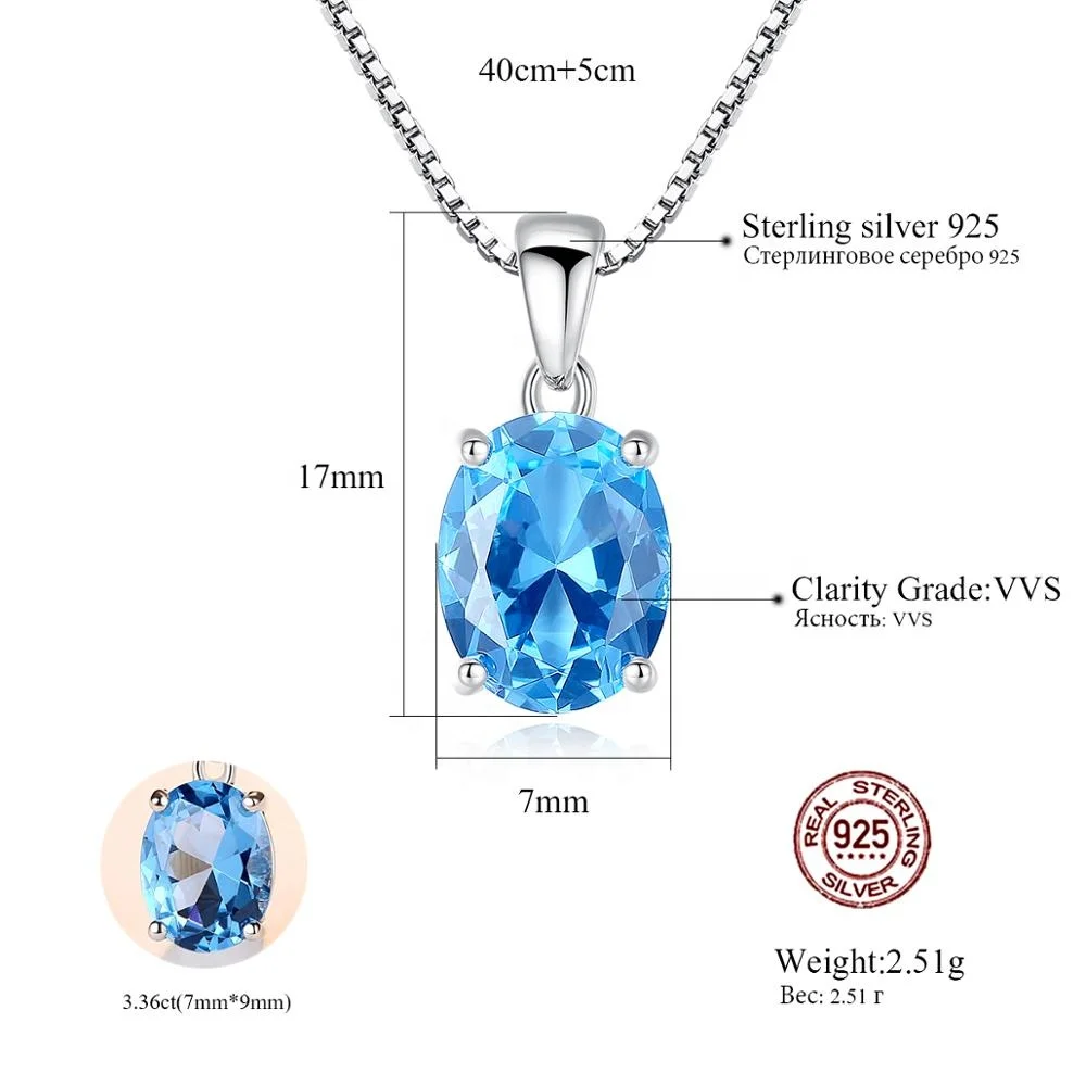 CZCITY Sky Blue Topaz Stone Pendant Oval Shape Natural Stone 925 Sterling Silver White Gold Plated Chain Necklace for Women