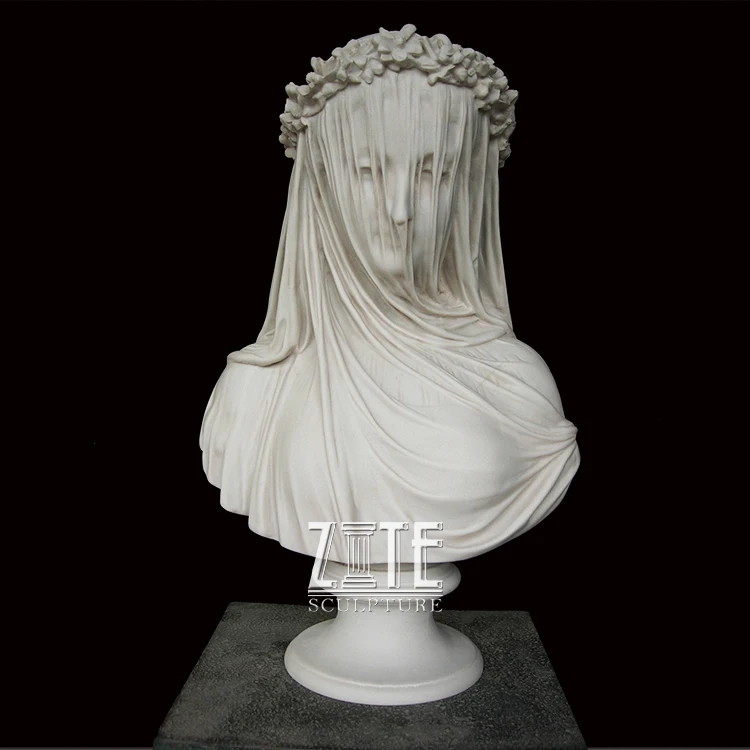 Beautiful Hand Carved White Marble Veiled Woman Girl Bust Statue Human Head Sculpture