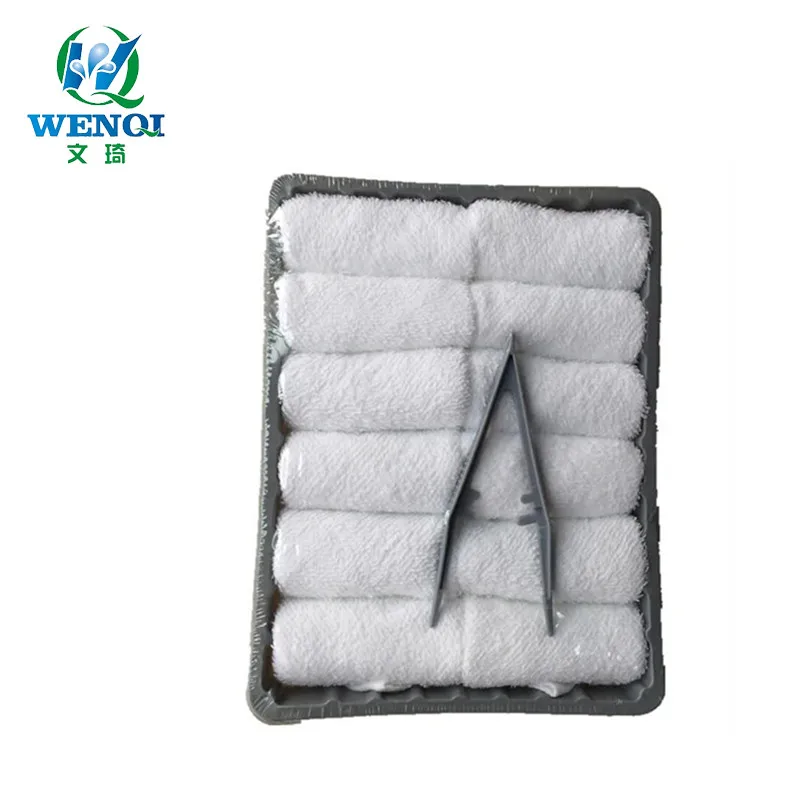 Single airline cotton wet towel in tray