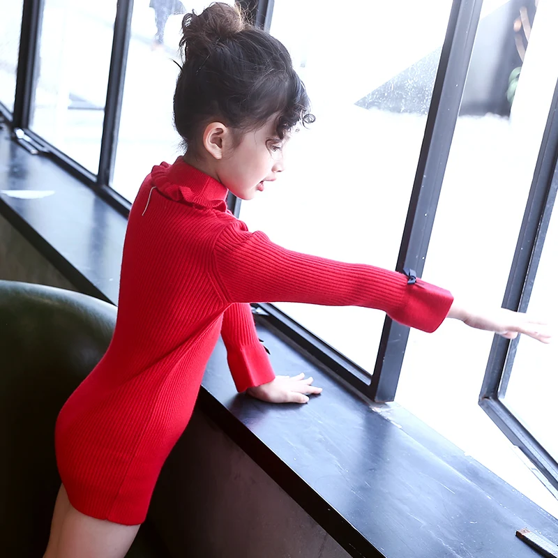 
Girls autumn turtle crew neck bow long flare sleeve knitwear pullover sweater 